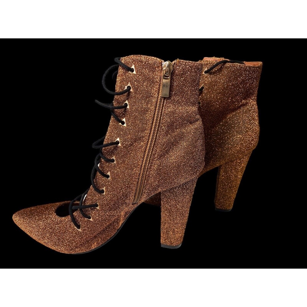 Bamboo Brown Bronze‎ Glitter Pointed Chunky Heel Lace Zip Up Women Shoes Size 10
